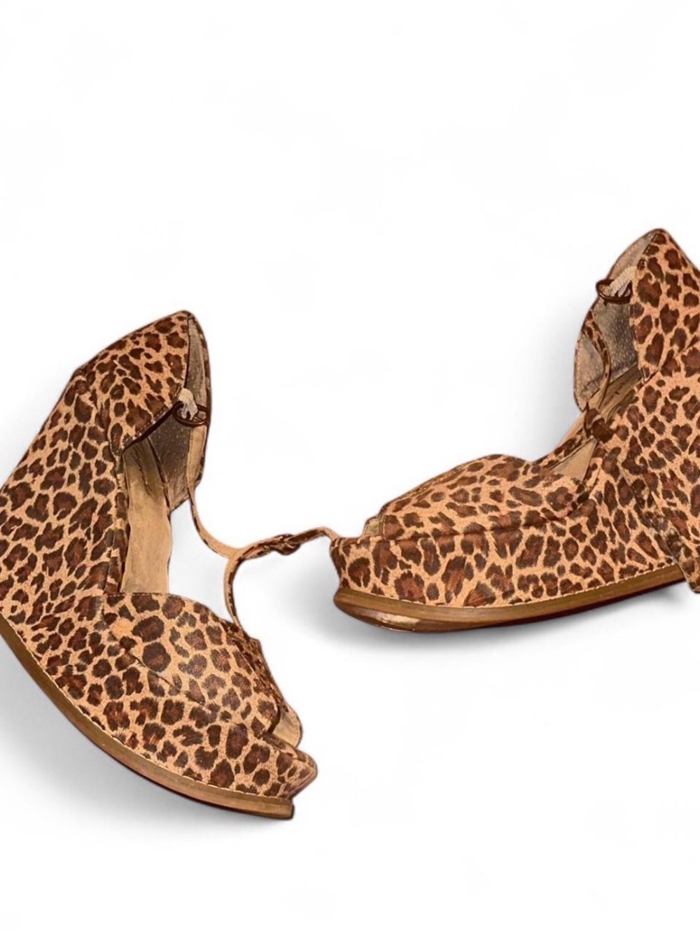 Leopard Print T-Strap Peep Toe Wedges - Brown 10 Heels Sandals Y2K